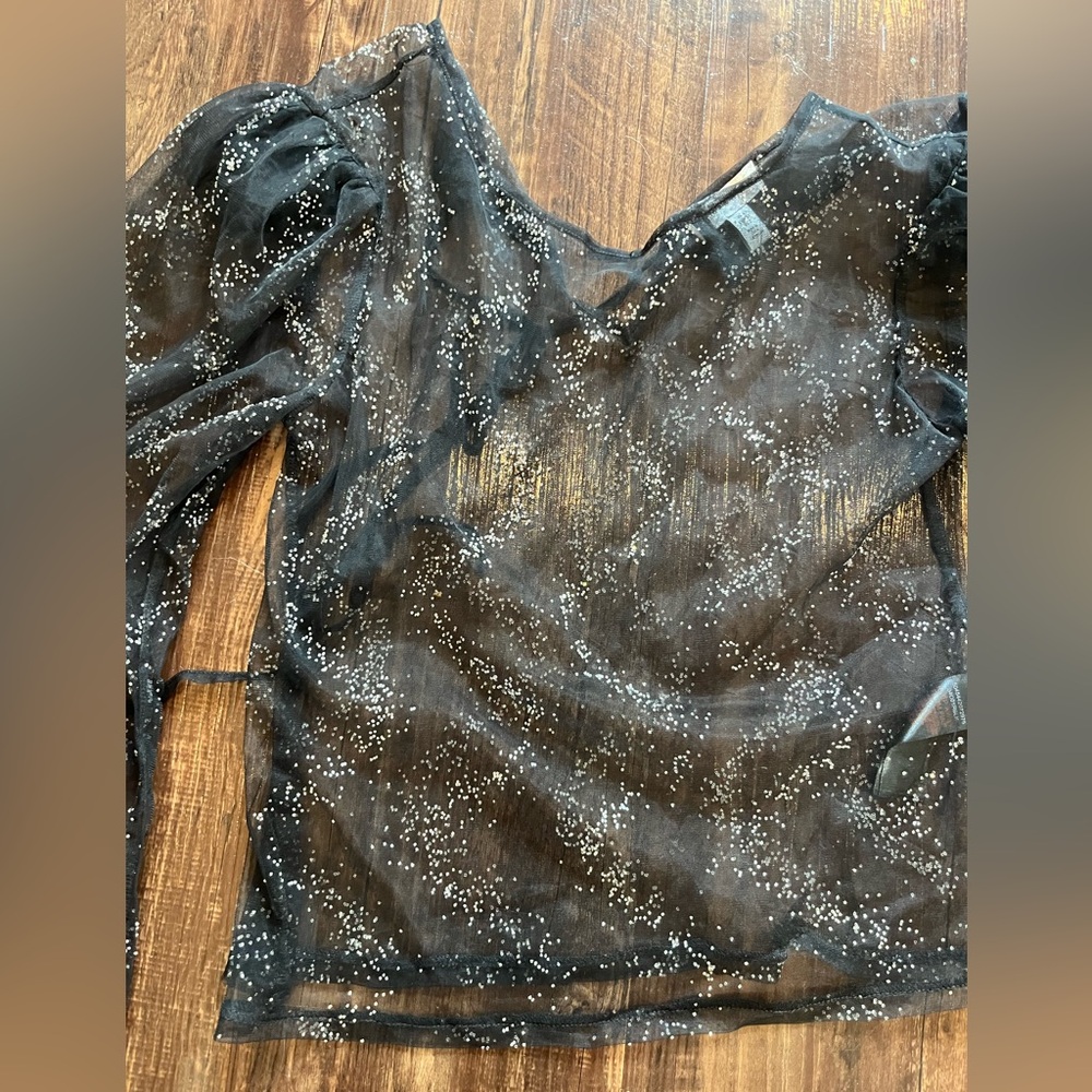 NWOT Topshop Black Sheer Glitter Top size2 - Picture 2 of 5